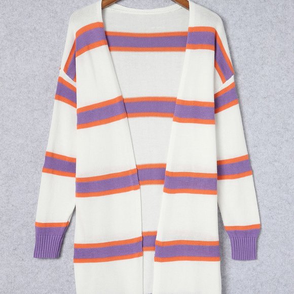 Ivory Lavender Striped Long Sleeve Ribbed Trim Button Cardigan Pastel Sweater - Picture 3 of 11